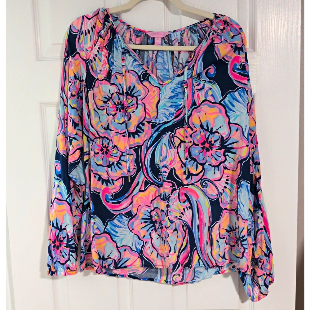 Lilly Pulitzer Women's Floral Tassel Blouse Multicolor Rayon Long Sleeve L